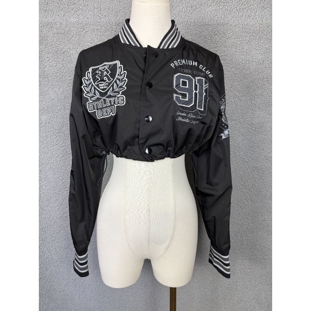 Smoke Rise Women's Black Cropped Bomber Jacket Embodied Patches Medium NWT's